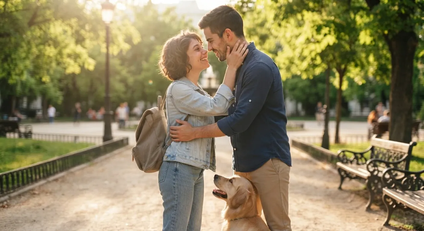 Pareja feliz reencontrándose en un parque al atardecer