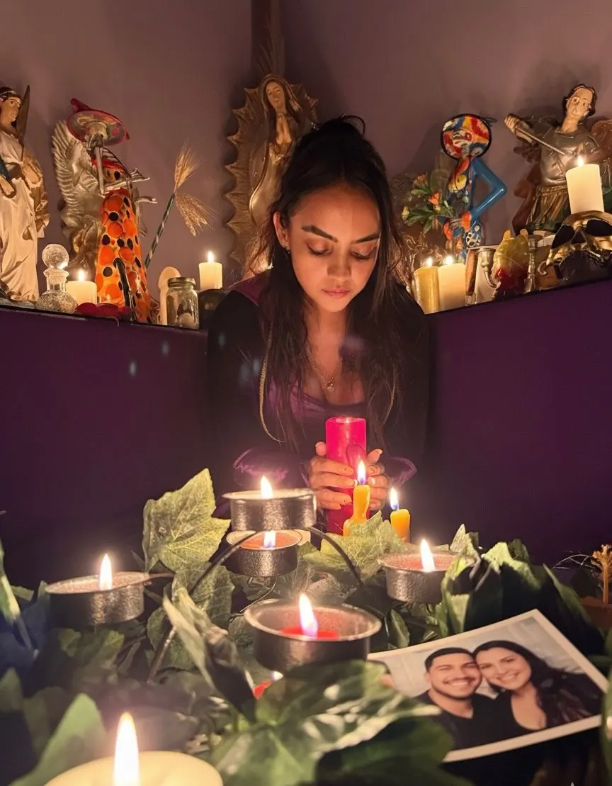 La Maestra Sara con la foto de una pareja durante un amarre de amor